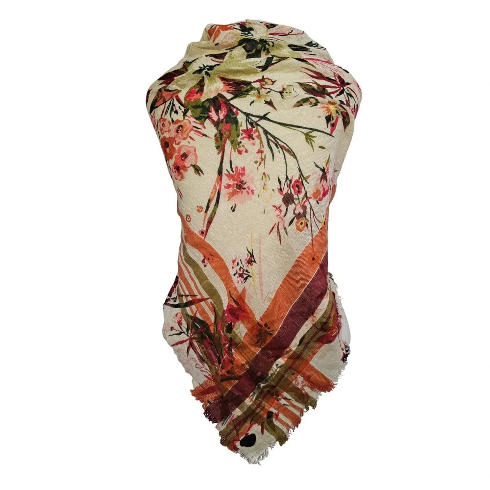 J. Jill Womens Floral Plaid Mixed Print Oversized Triangle Scarf Orange Cream‎